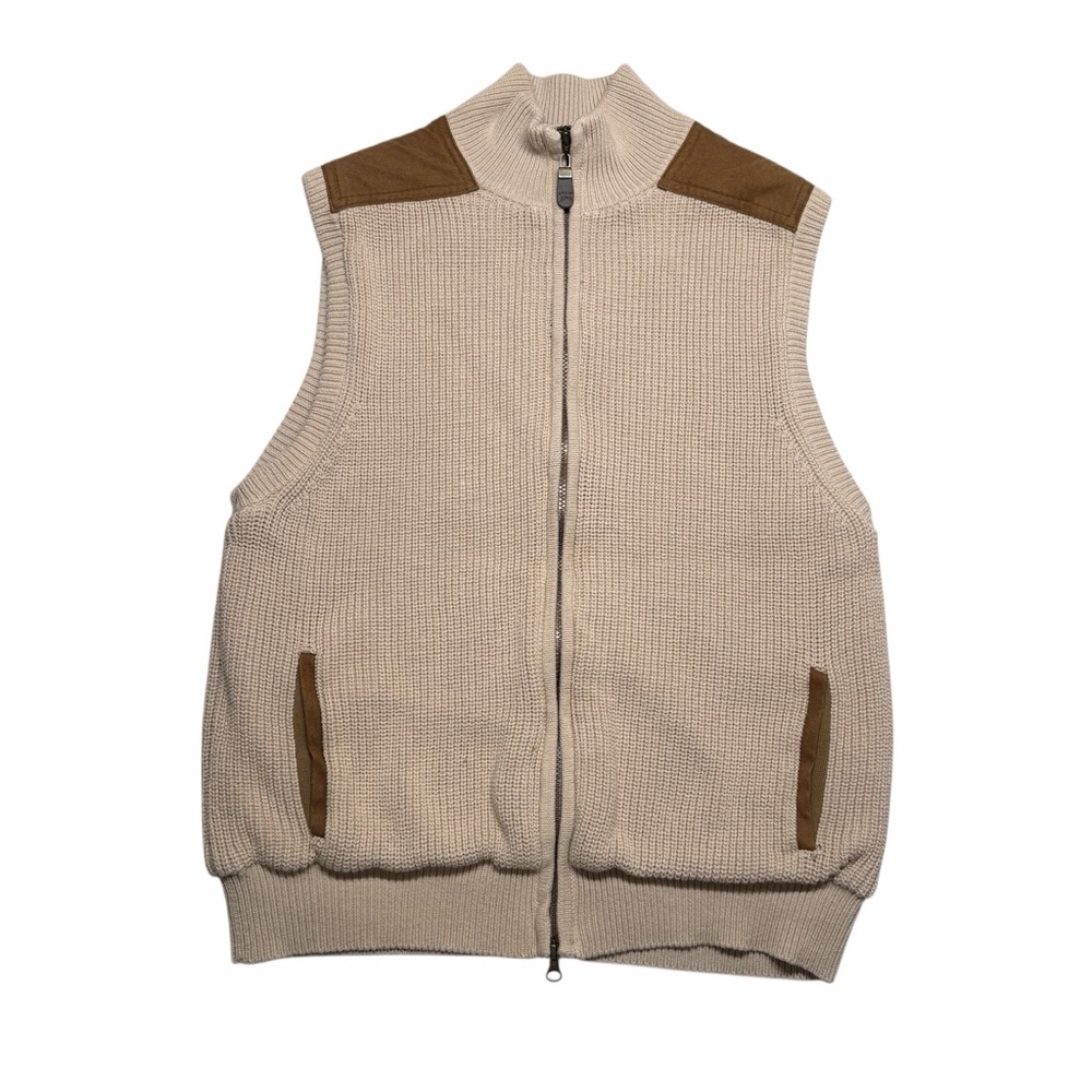 Orvis Knitted Full Zip Tan Sweater Vest Men's Medium Suede Shoulder Patches